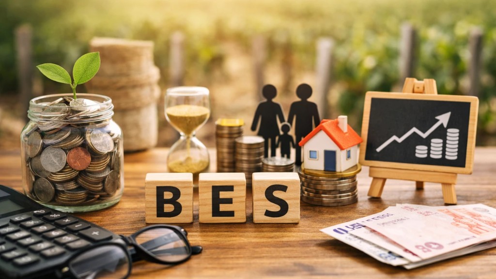 BES yazılı ahşap kutular, kumbara ve madeni paralar, aile silüeti ve yükselen grafik — bireysel emeklilik sistemi